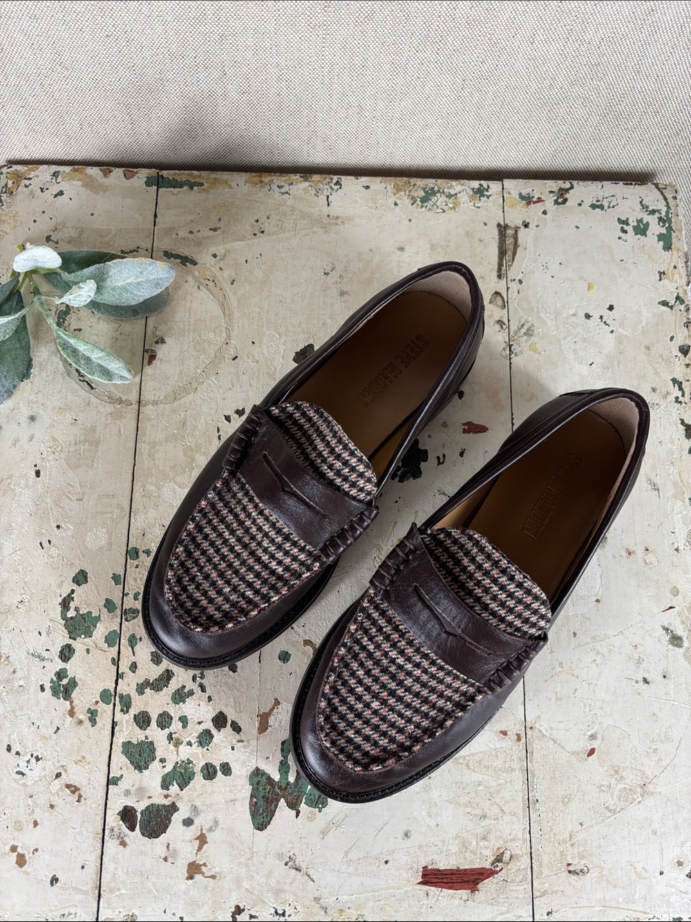 Steve Madden > Brown Leather Penny Loafers with Houndstooth Panel 7.5